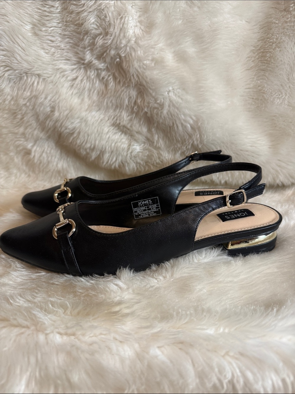 Jones New York Black Pointed Toe Slingback Flats Horsebit 9.5M NWOT